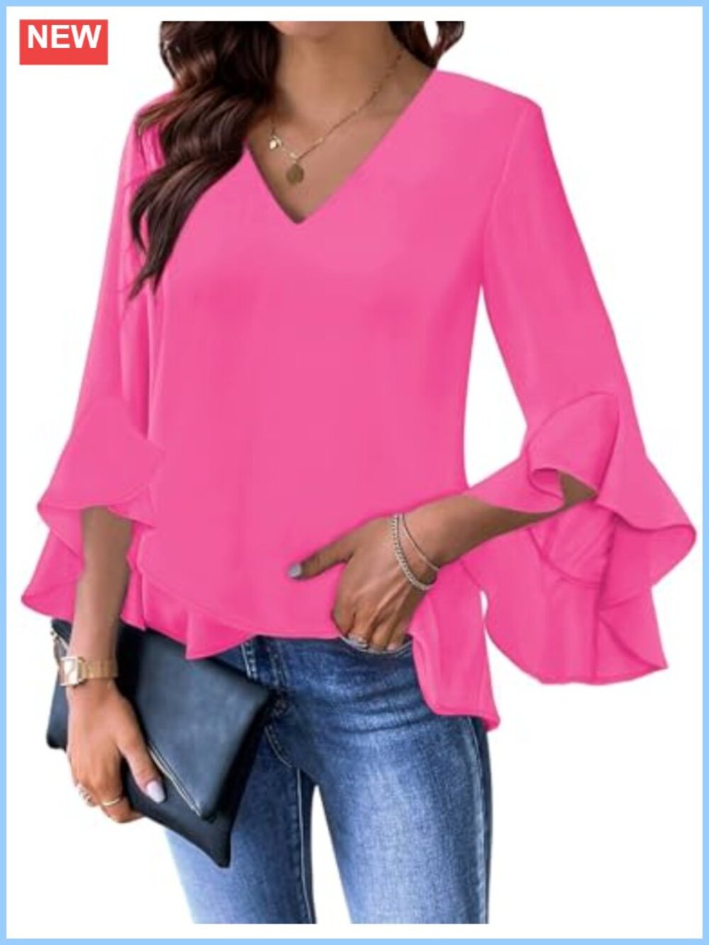 Women's Ruffle 3/4 Sleeve Blouse V-Neck Business Casual Tunic Top